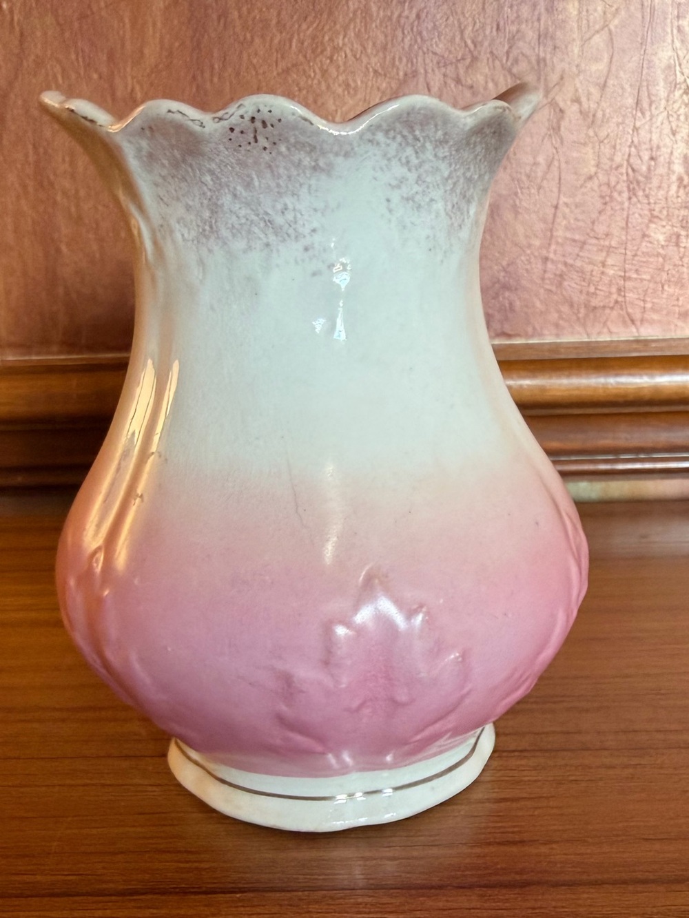 Antique Mercer Pottery Co Semi Vitreous Pink Ombre Vase Scalloped Gold Trim 5.5"